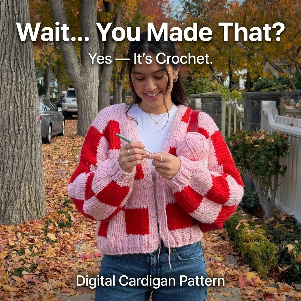 Chunky Checkerboard Cardigan KNITTING Pattern | Oversized Hand Knit Check Cardigan | Super Bulky Weekend Project | Sizes XS–[XX] | PDF Instant Download