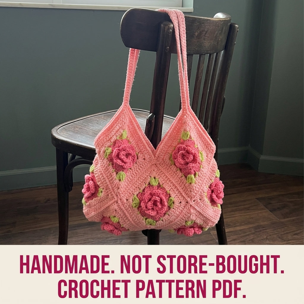 Pink Rose Granny Square Bag Crochet Pattern PDF – 3D Rose Shoulder Bag