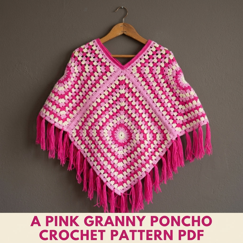 Pink Granny Kids Poncho Crochet Pattern PDF – Easy Two Square Poncho with Fringe