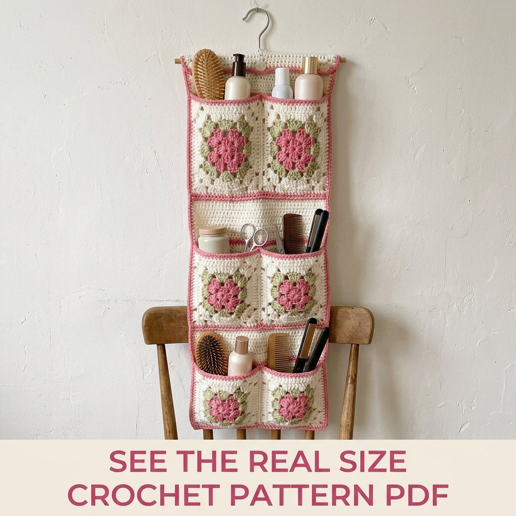 Rose Granny Pocket Organizer Crochet Pattern PDF – Hanging Bathroom Storage
