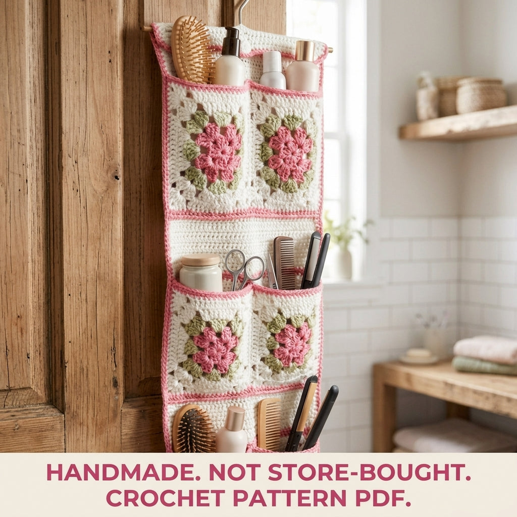 Rose Granny Pocket Organizer Crochet Pattern PDF – Hanging Bathroom Storage