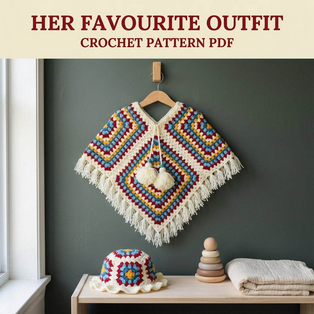 Granny Poncho and Hat Set Crochet Pattern PDF – Kids Retro Poncho with Fringe