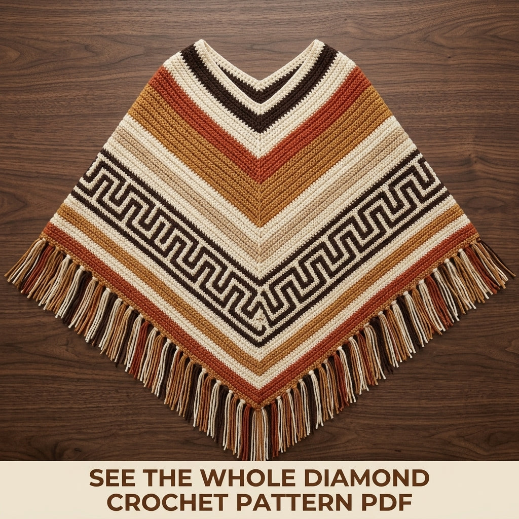 Greek Key Poncho Crochet Pattern PDF – Boho Fringe Poncho with Colourwork Band