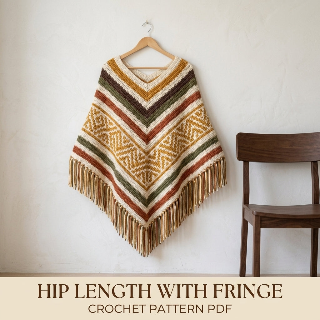 Harvest Mosaic Poncho Crochet Pattern PDF – Boho Fringe Poncho with Mosaic Colourwork Band