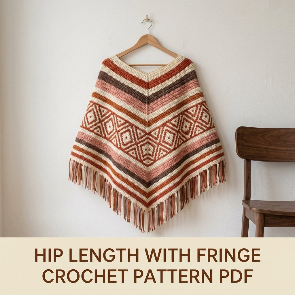 Terracotta Diamond Poncho Crochet Pattern PDF – Boho Fringe Poncho with Mosaic Colourwork Band
