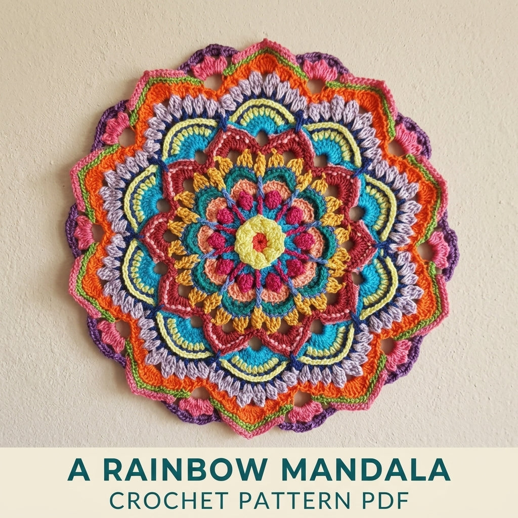 Rainbow Mandala Crochet Pattern PDF – Colourful Round Doily for Yarn Scraps