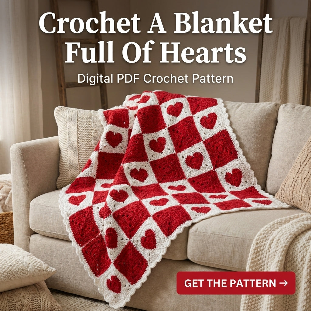 Heart Granny Square Blanket Crochet Pattern – Red & White Valentine Throw