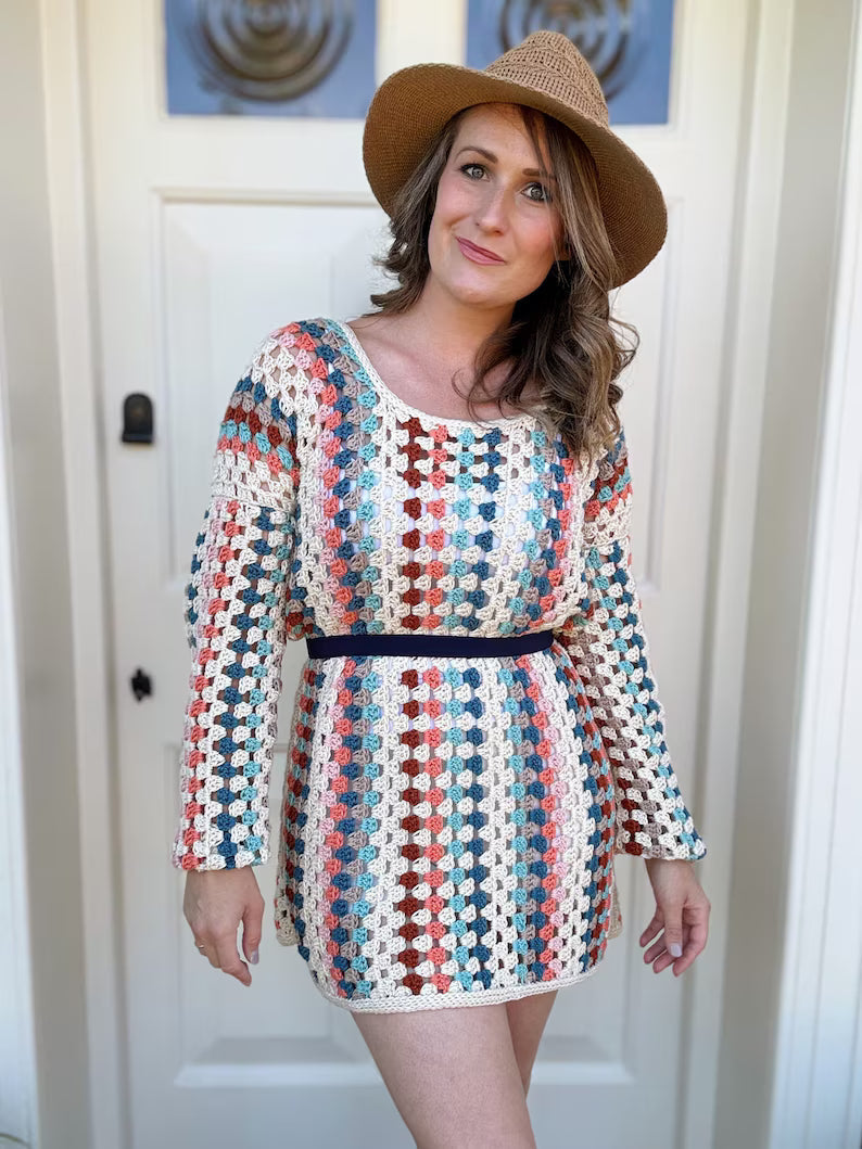 CROCHET PATTERN & VIDEO Granny Dress Pattern | xs-5xl (30-62" Chest) | Retro Crochet Dress Pattern with Granny Stitch | Instant Download