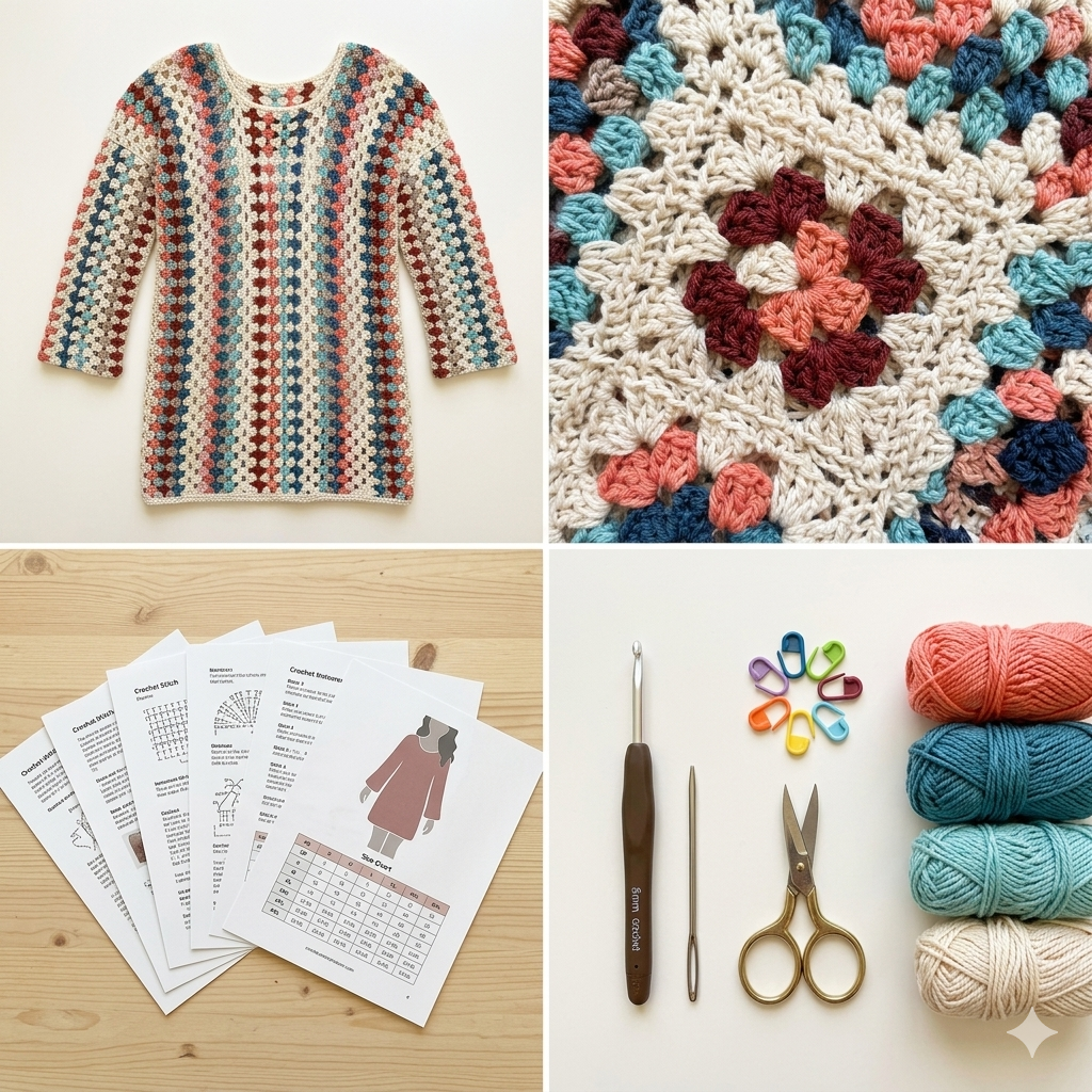 CROCHET PATTERN & VIDEO Granny Dress Pattern | xs-5xl (30-62" Chest) | Retro Crochet Dress Pattern with Granny Stitch | Instant Download
