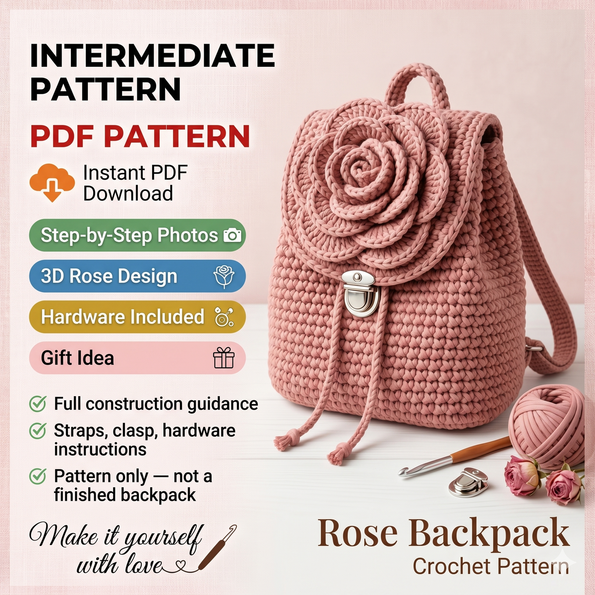 Crochet Rose Backpack Pattern | DIY Handmade Backpack | Crochet Rose Bag Tutorial | Instant Download Pattern