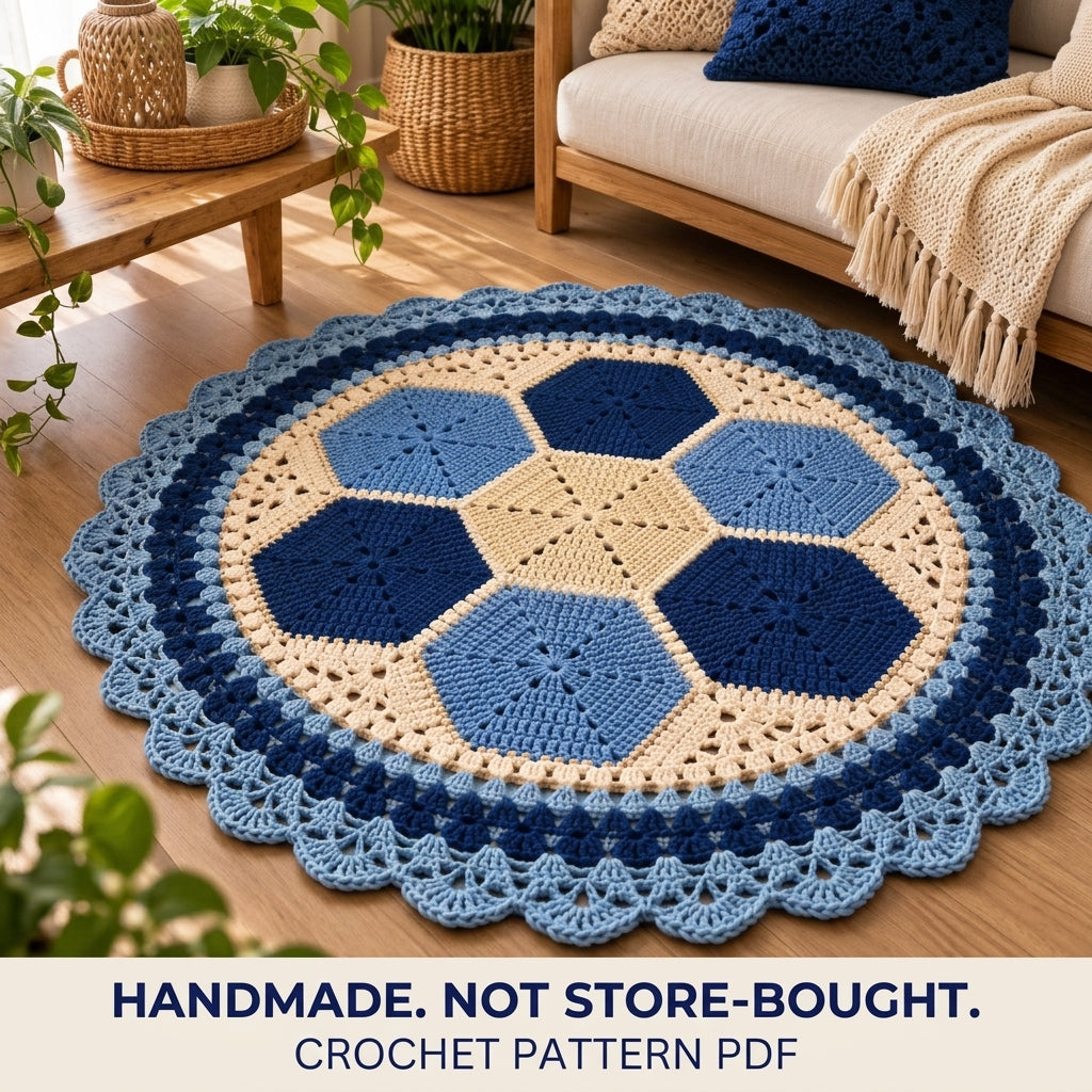Blue Hexagon Round Rug Crochet Pattern PDF – Navy and Cream Round Rug