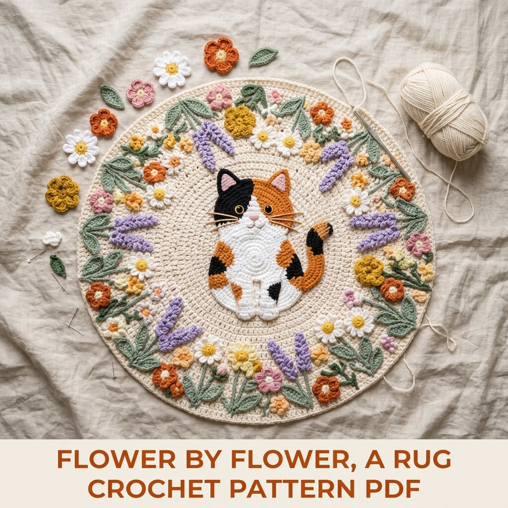 Calico Cat Flower Round Rug Crochet Pattern PDF – Cat Rug with Flower Wreath