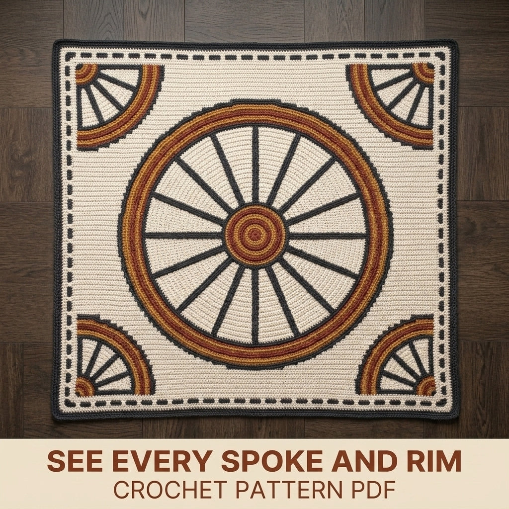 Wagon Wheel Tapestry Crochet Blanket Pattern PDF – Rustic Throw in Charcoal, Rust and Mustard