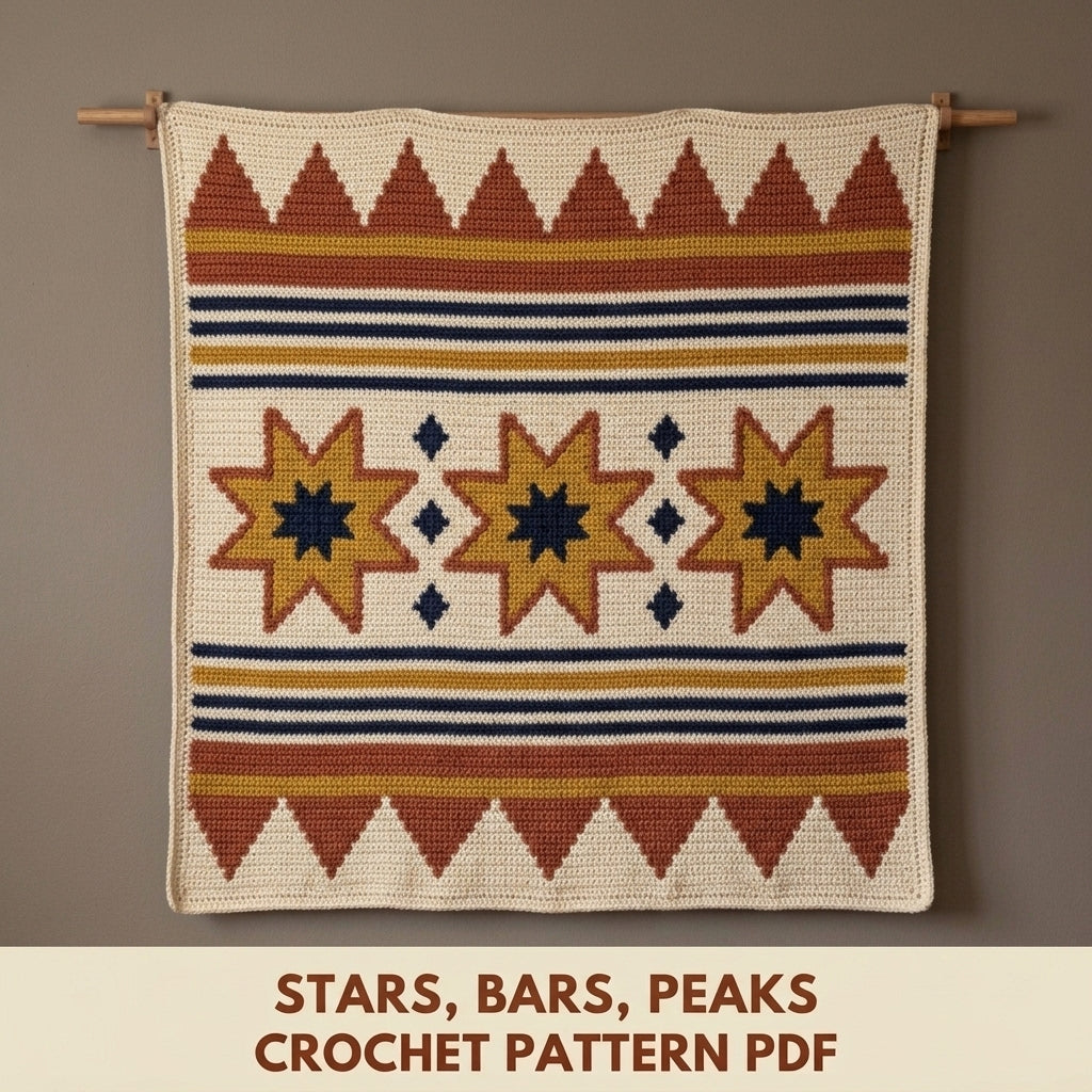 Star Tapestry Crochet Wall Hanging Pattern PDF – Eight-Point Stars in Mustard, Rust and Navy