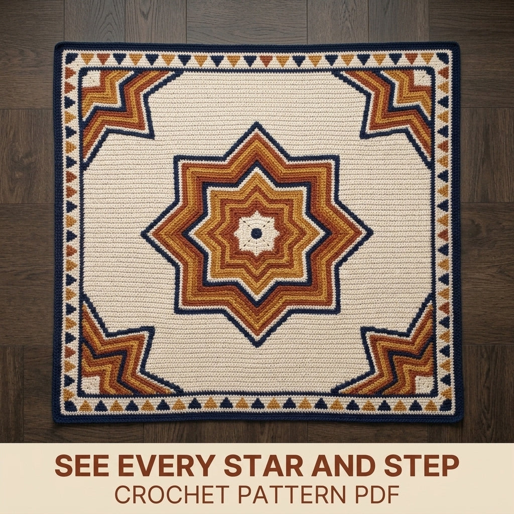 Star Tapestry Crochet Blanket Pattern PDF – Nested Eight-Point Star Throw in Navy, Rust and Mustard
