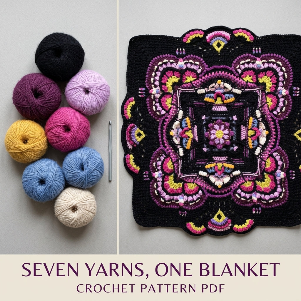 Midnight Bloom Crochet Blanket Pattern PDF – Textured Mandala Throw on Black