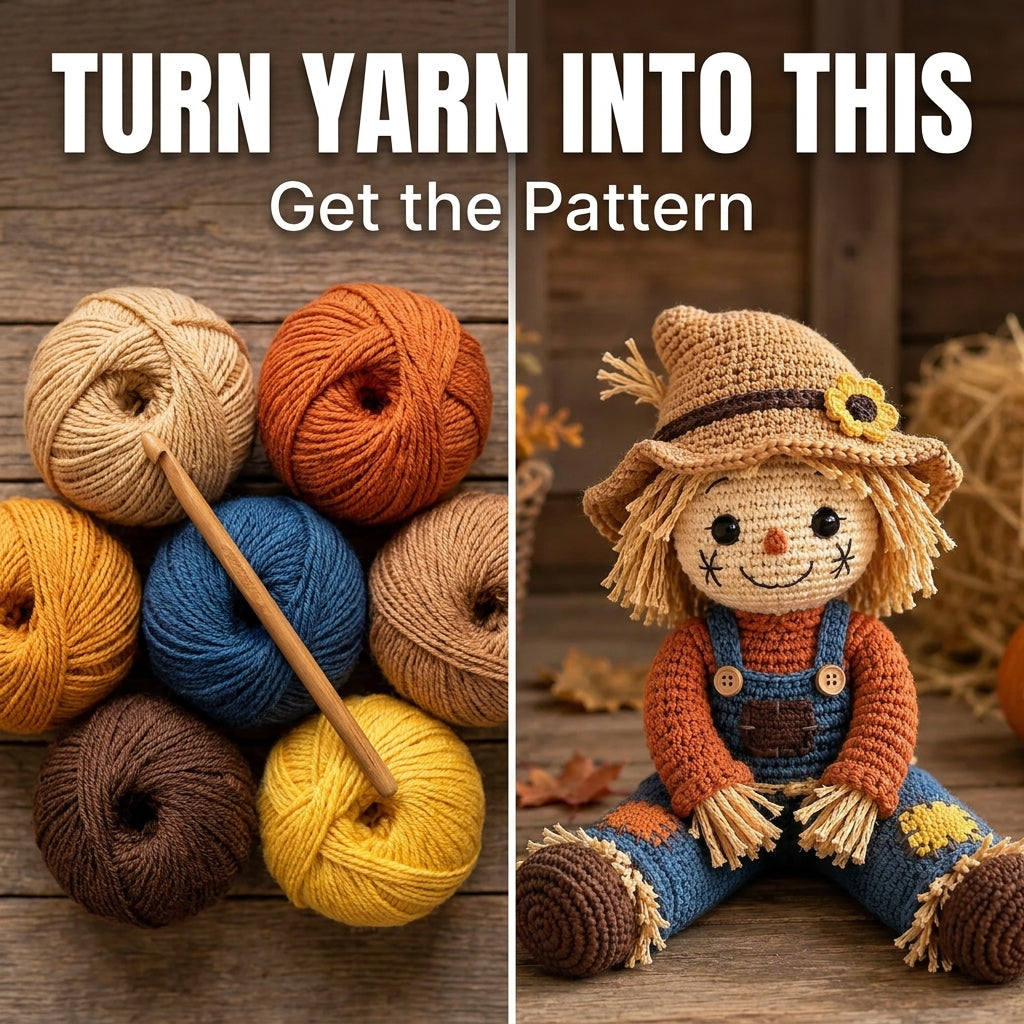 Scarecrow Amigurumi Crochet Pattern — Autumn Doll with Straw Hair and Dungarees, US Terms, PDF Download