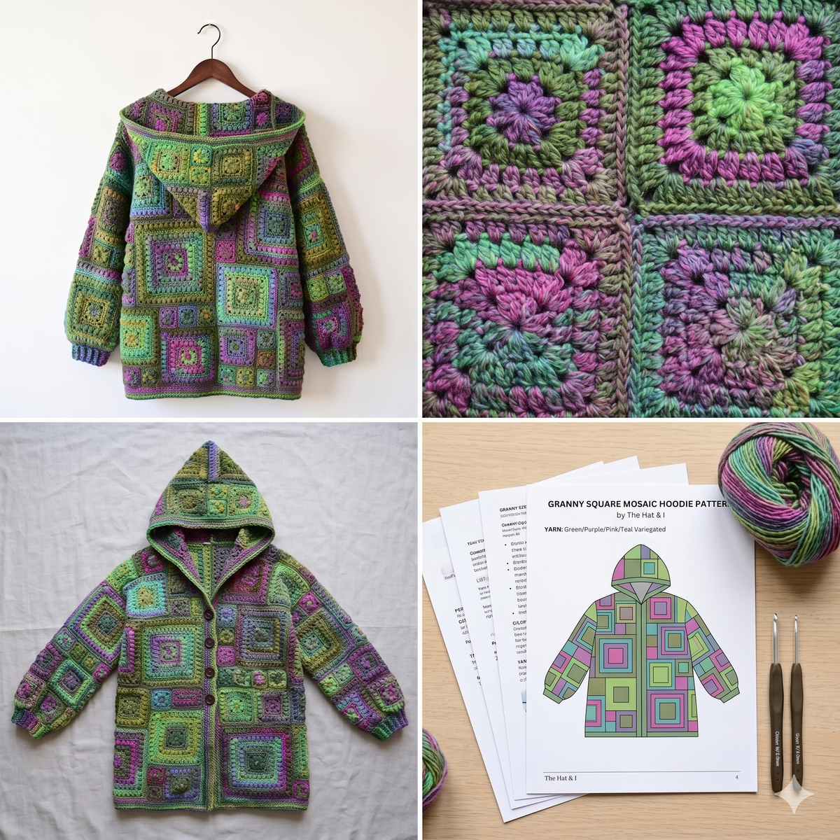 CROCHET PATTERN - Square Scramble Sweater - crochet pattern for granny square cardigan sweater with hood (sizes | xs - 3xl) - PDF Download
