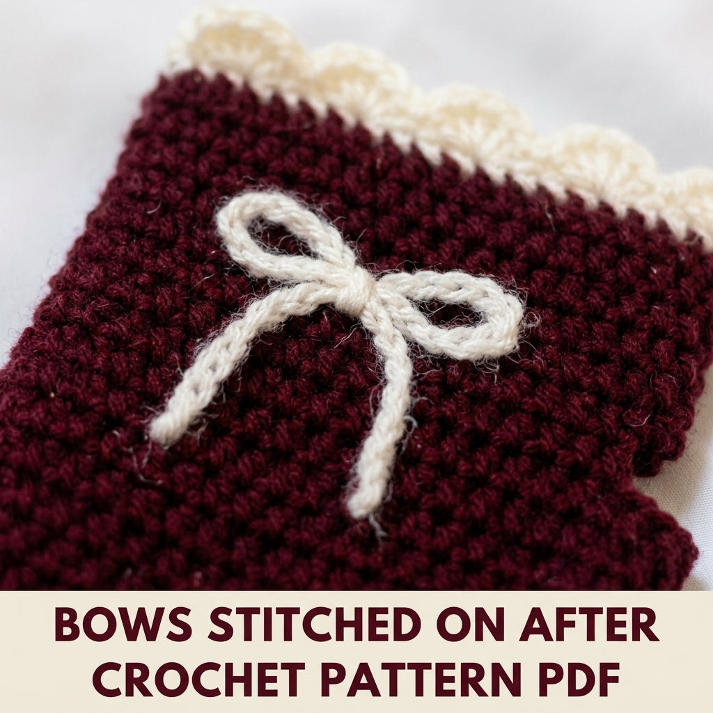 Bow Fingerless Gloves Crochet Pattern PDF – Burgundy Wrist Warmers with Scalloped Trim