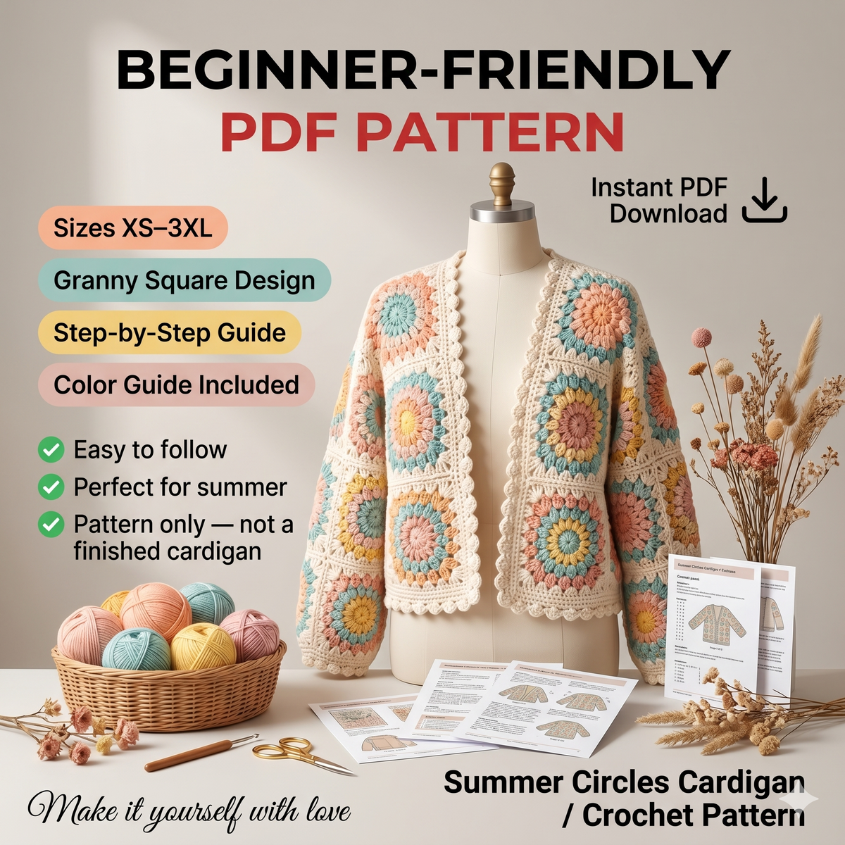 Crochet Cardigan pattern pdf ,Summer Circles Jacket, Easy Granny sweater-XS-3XL, crochet cardigan Easy guide, Cardigan Pattern Tutorial