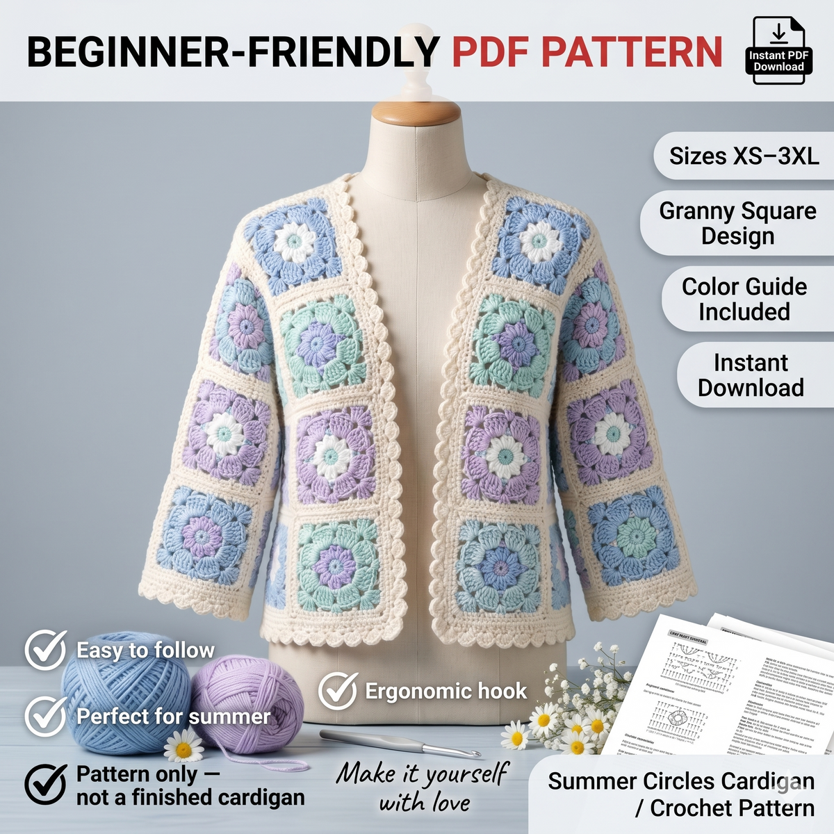 Crochet Cardigan pattern pdf ,Summer Circles Jacket, Easy Granny sweater-XS-3XL, crochet cardigan Easy guide, Cardigan Pattern Tutorial