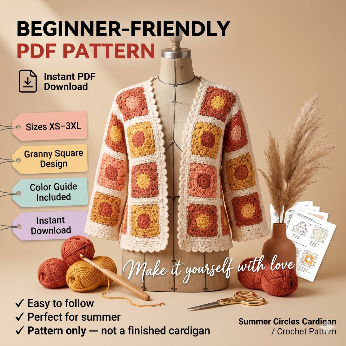 Crochet Cardigan pattern pdf ,Summer Circles Jacket, Easy Granny sweater-XS-3XL, crochet cardigan Easy guide, Cardigan Pattern Tutorial
