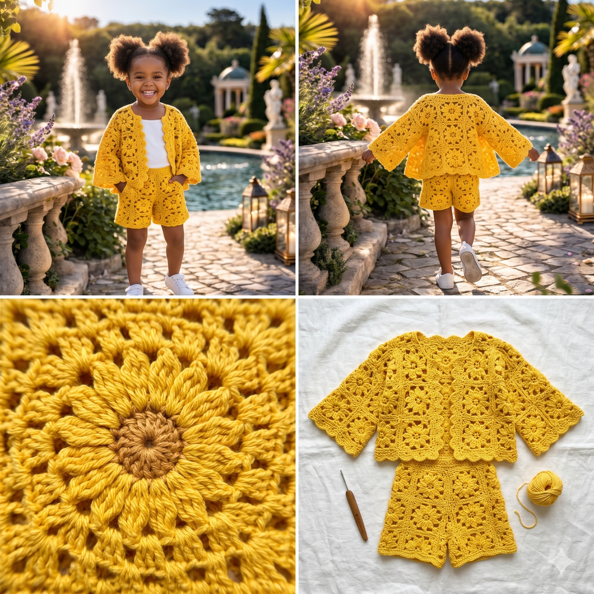 Crochet Summer Outfit Pattern Kids Granny Square Set Cardigan Shorts Boho Clothing