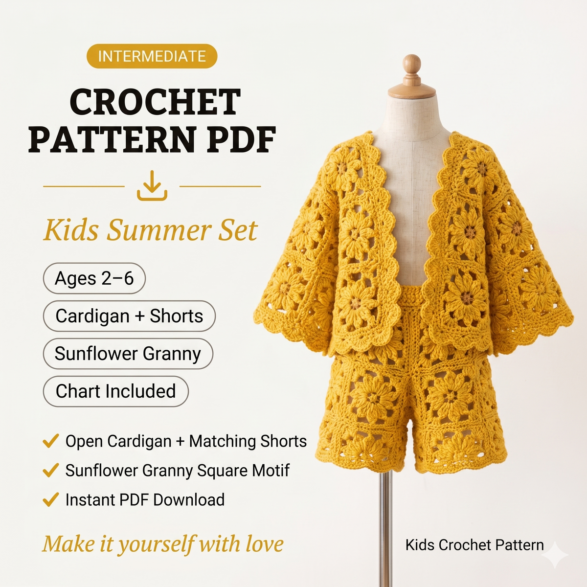 Crochet Summer Outfit Pattern Kids Granny Square Set Cardigan Shorts Boho Clothing