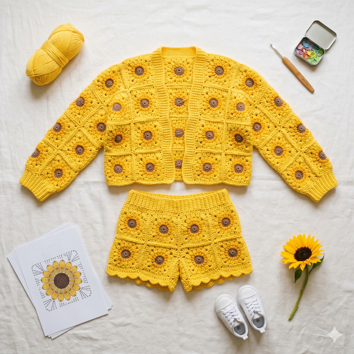 Crochet Summer Outfit Pattern Kids Granny Square Set Cardigan Shorts Boho Clothing