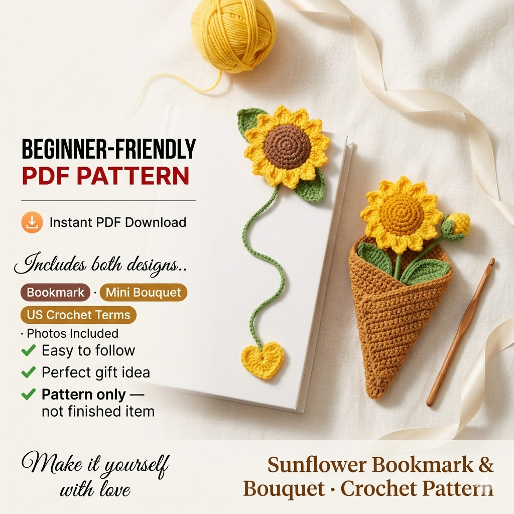 Crochet Sunflower Bookmark & Mini Bouquet Pattern, Book Lover Gift, Teacher Gift, Sunflower Lover Gift, Mother’s Day Gift