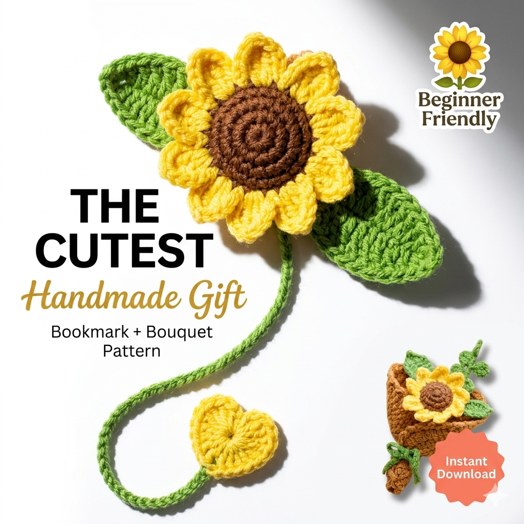 Crochet Sunflower Bookmark & Mini Bouquet Pattern, Book Lover Gift, Teacher Gift, Sunflower Lover Gift, Mother’s Day Gift