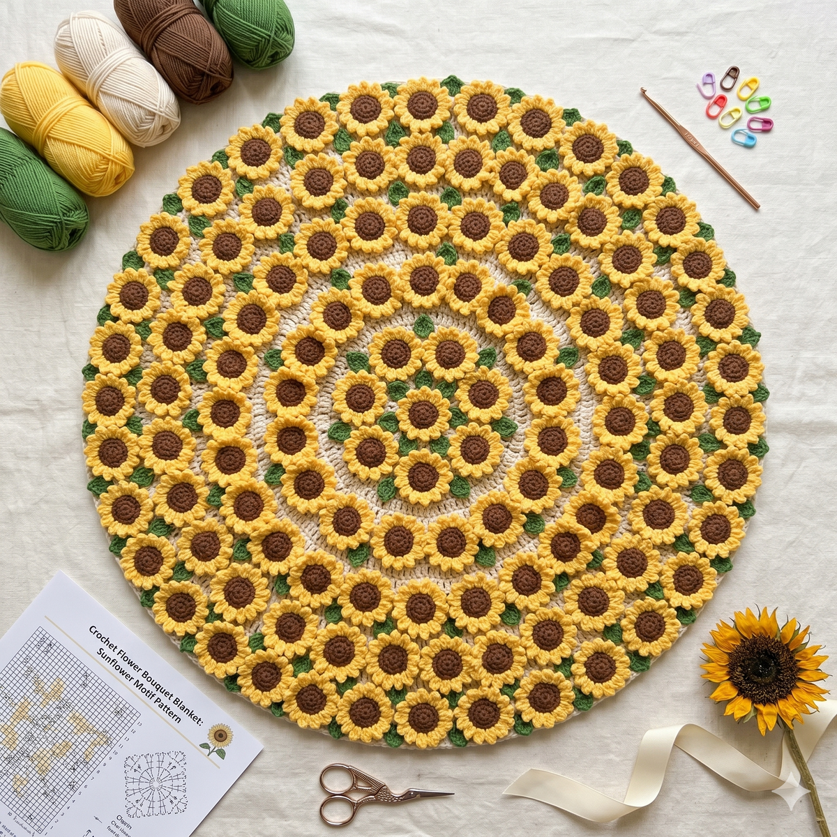 Crochet Flower Bouquet Blanket Pattern PDF – 6 in 1 Floral Blanket, Sunflower & Rose