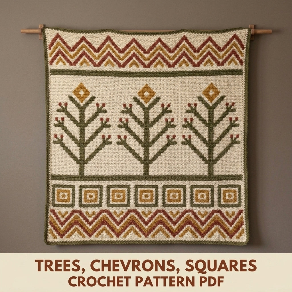 Tree of Life Tapestry Crochet Wall Hanging Pattern PDF – Trees and Chevrons in Olive, Rust and Mustard