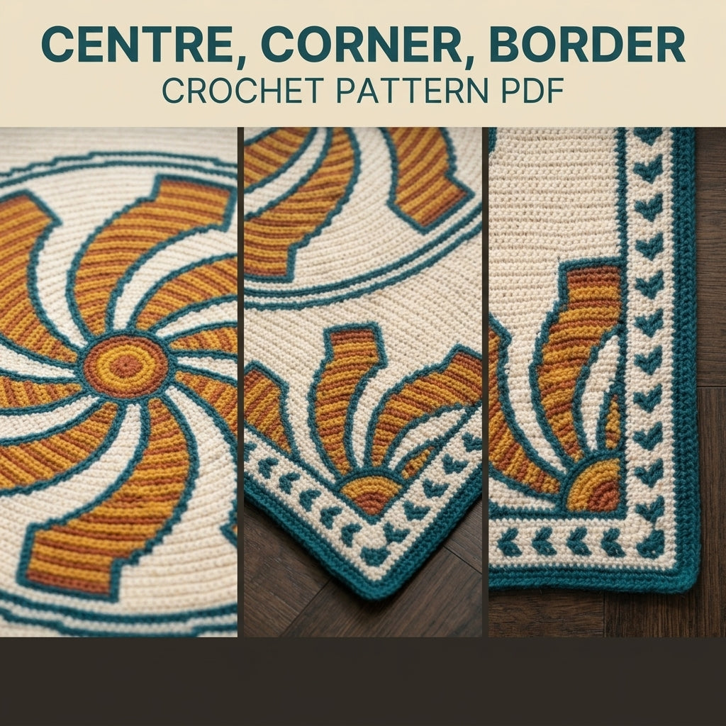 Pinwheel Tapestry Crochet Blanket Pattern PDF – Spinning Sun Throw in Mustard, Rust and Teal