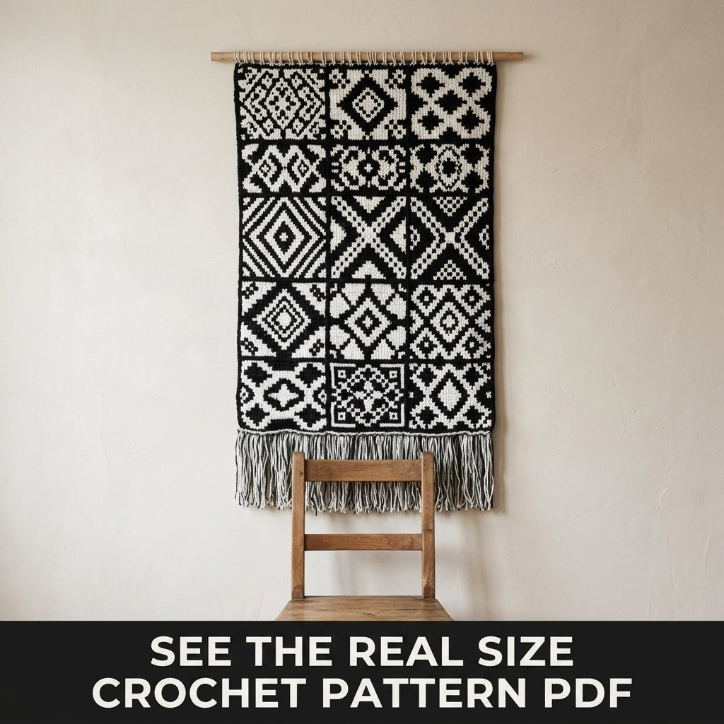 Geometric Tapestry Wall Hanging Crochet Pattern PDF – Black and White Wall Decor