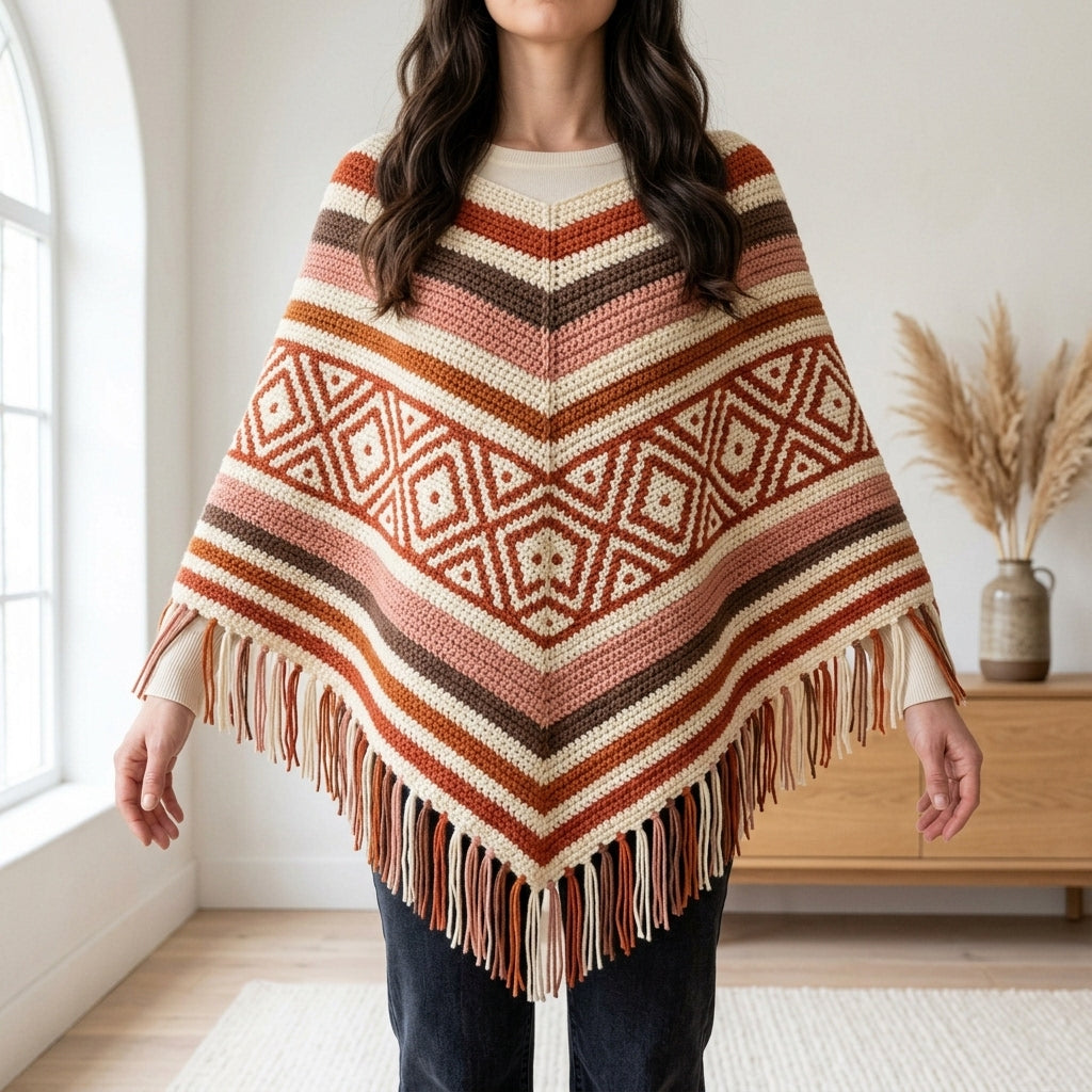 Terracotta Diamond Poncho Crochet Pattern PDF – Boho Fringe Poncho with Mosaic Colourwork Band