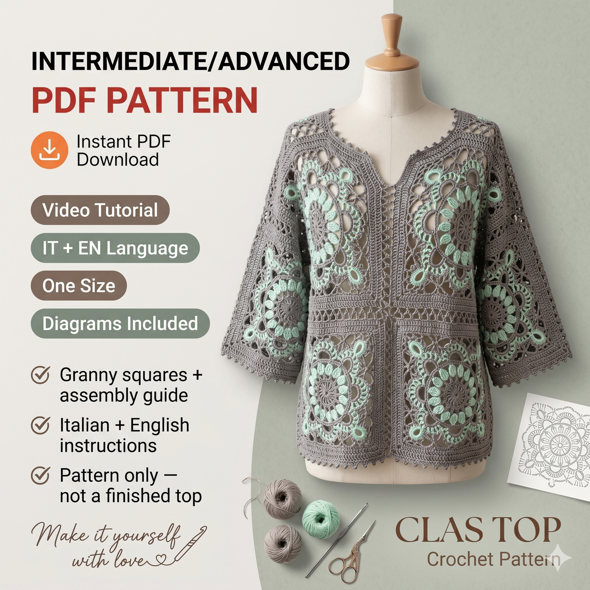 CROCHET PATTERN: Clas Top | Granny Square Top with Video Tutorial | Instant Download PDF