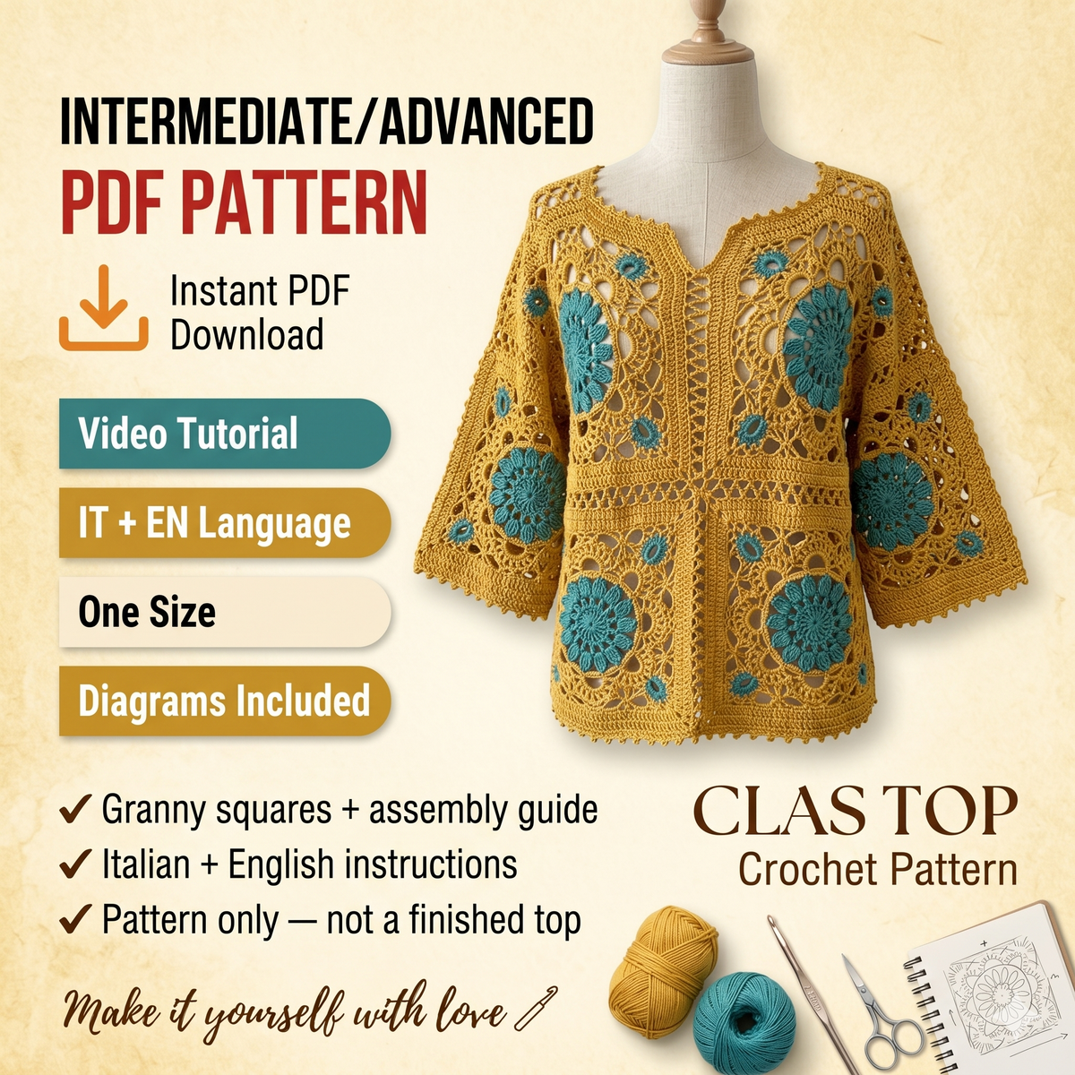 CROCHET PATTERN: Clas Top | Granny Square Top with Video Tutorial | Instant Download PDF