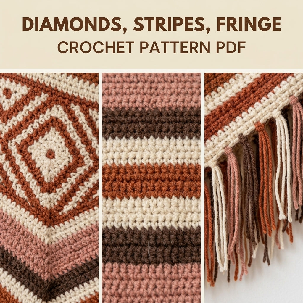 Terracotta Diamond Poncho Crochet Pattern PDF – Boho Fringe Poncho with Mosaic Colourwork Band