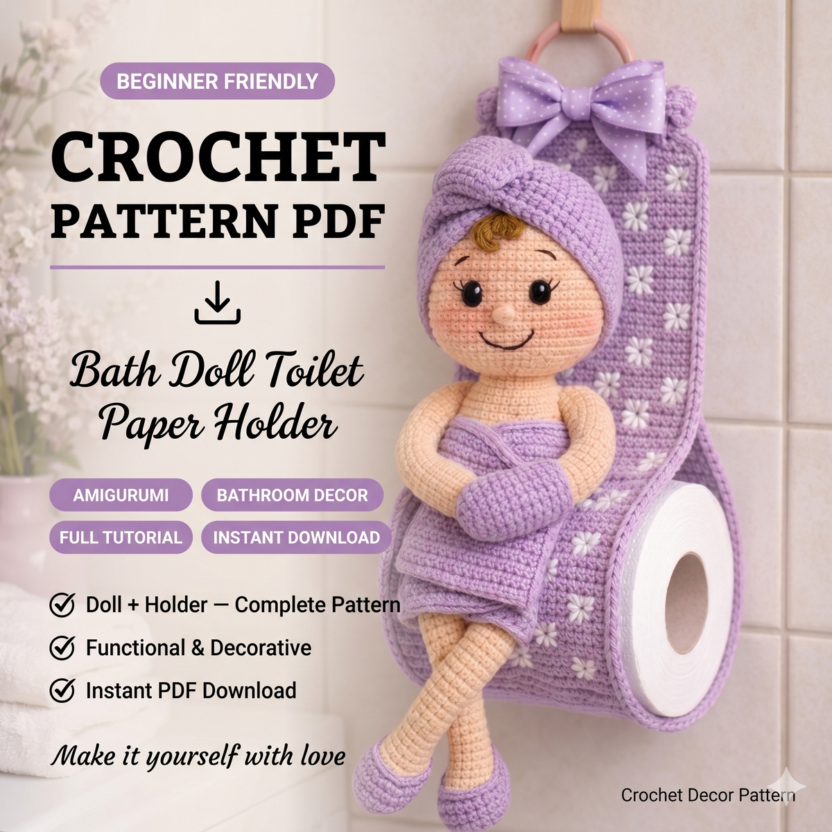 Crochet Toilet Paper Holder Doll PDF Pattern | Amigurumi Bathroom Decor | Crochet Toilet Paper Roll Holder Pattern