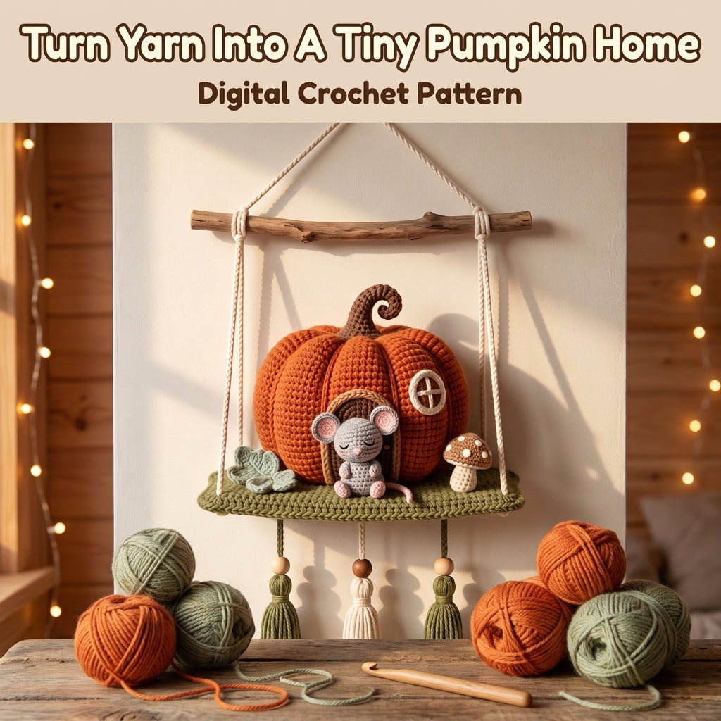 Crochet Pumpkin House Wall Hanging Pattern – Sleeping Mouse on a Mossy Shelf