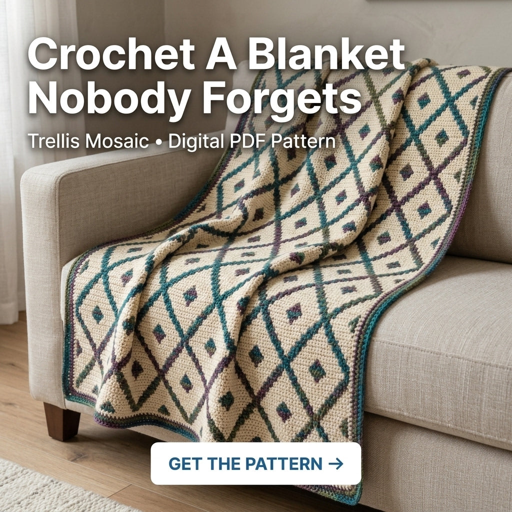 Trellis Mosaic Crochet Blanket Pattern PDF – Diamond Lattice Throw in Teal, Plum and Green