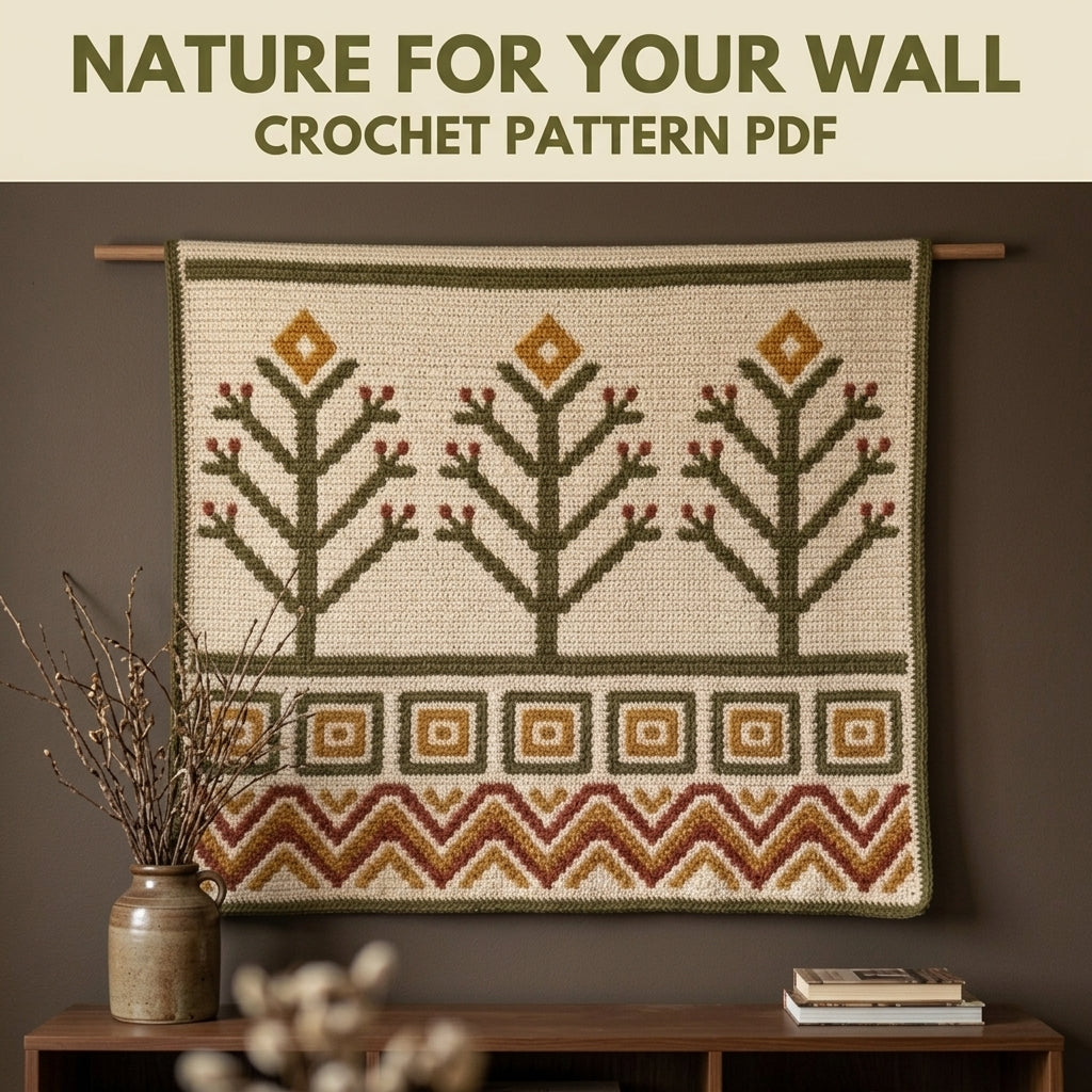 Tree of Life Tapestry Crochet Wall Hanging Pattern PDF – Trees and Chevrons in Olive, Rust and Mustard