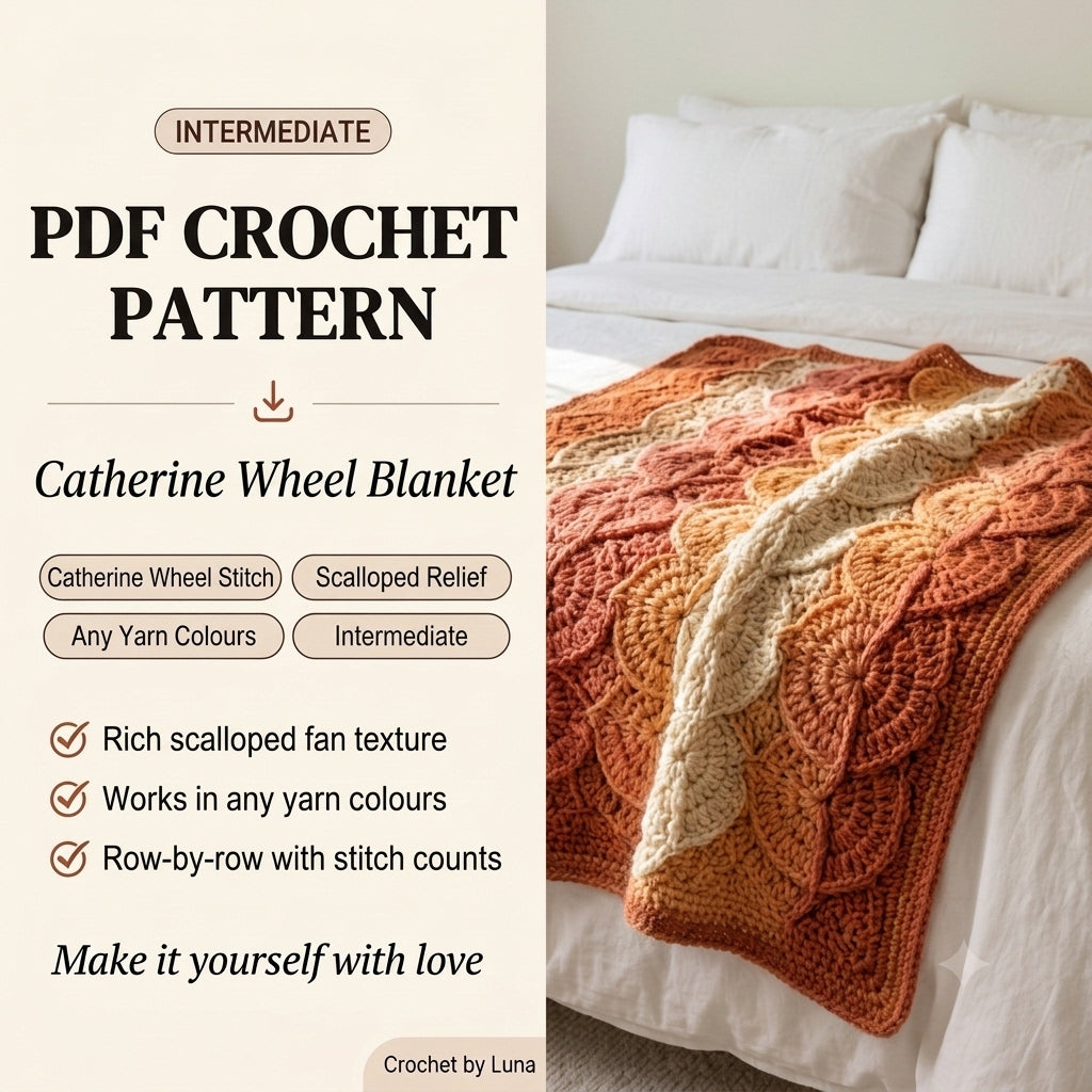 Catherine Wheel Crochet Blanket Pattern PDF – Textured Scalloped Throw in Rust, Orange and Cream