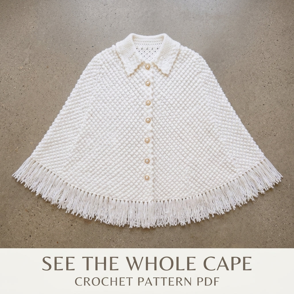 White Bobble Cape Crochet Pattern PDF – Button Front Cape with Collar and Fringe