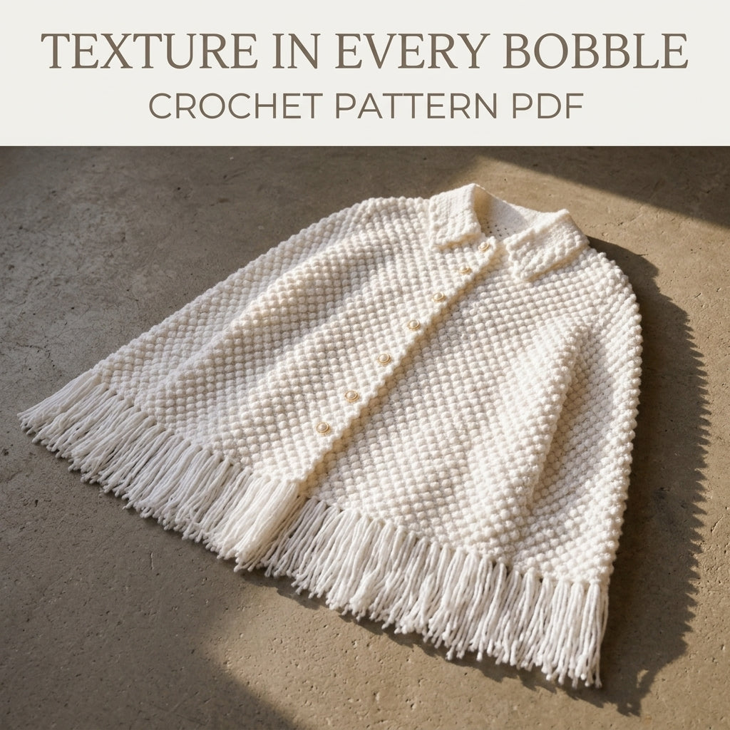 White Bobble Cape Crochet Pattern PDF – Button Front Cape with Collar and Fringe