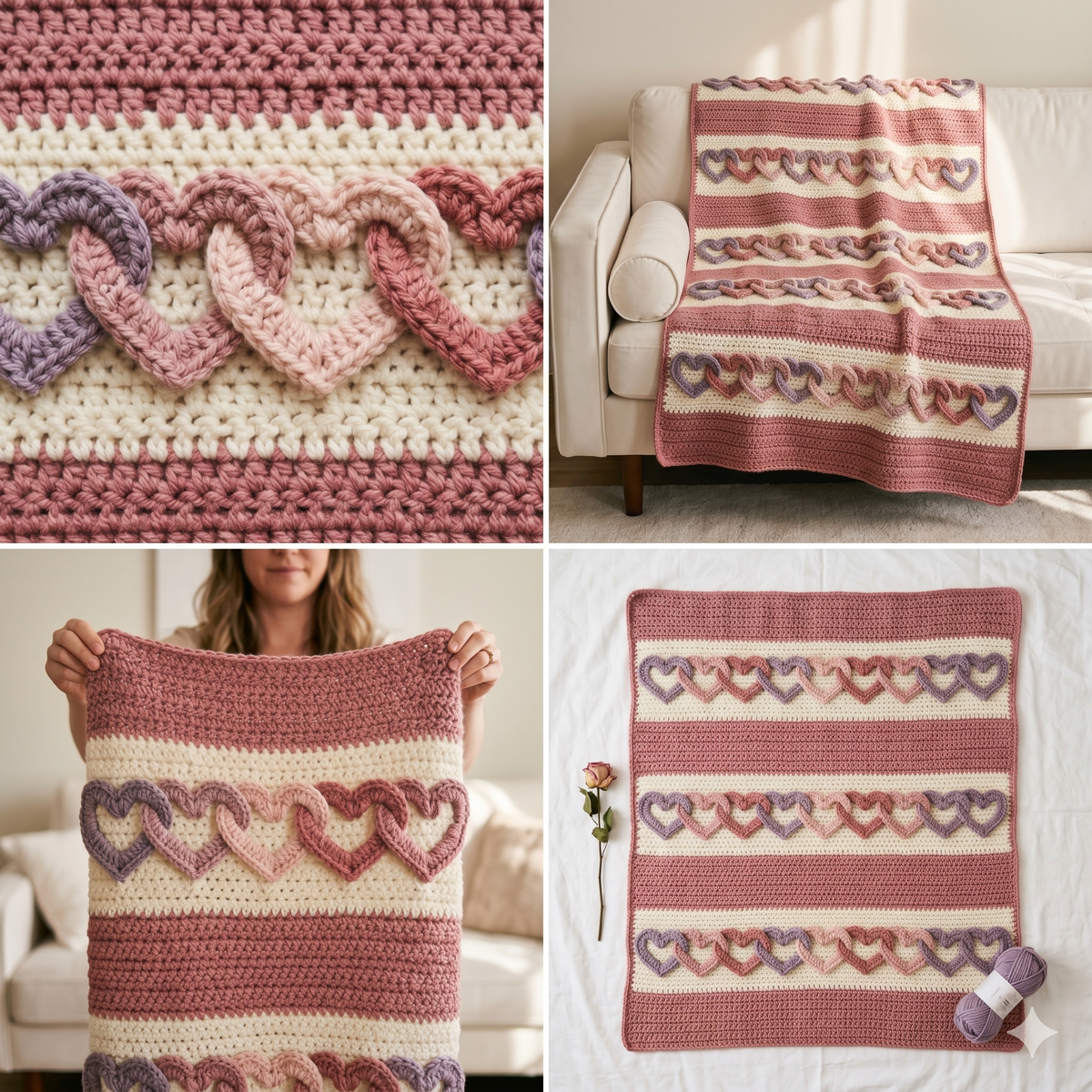 CROCHET PATTERN - With All My Heart - crochet blanket pattern, heart afghan pattern, throw blanket pattern with linked hearts - PDF Download