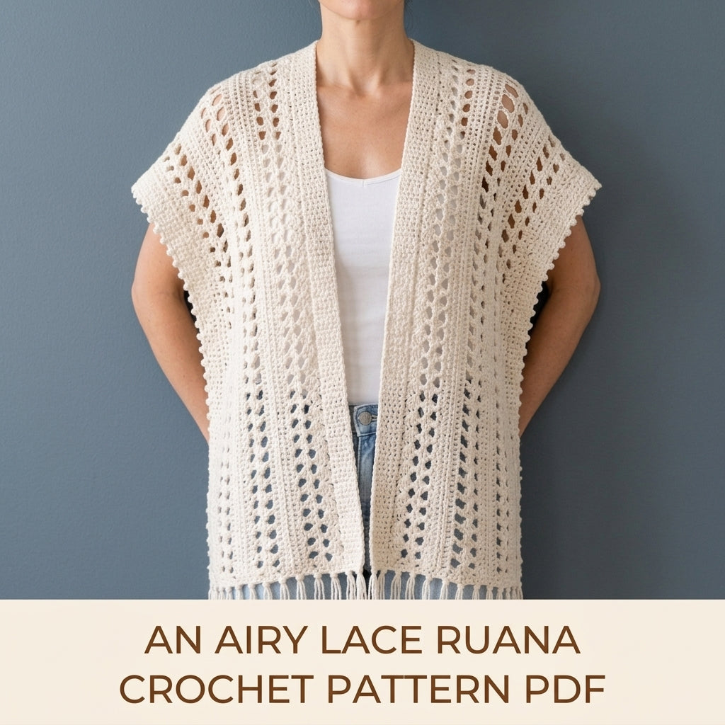 Lace Ruana Wrap Crochet Pattern PDF – Open Front Lace Wrap with Fringe