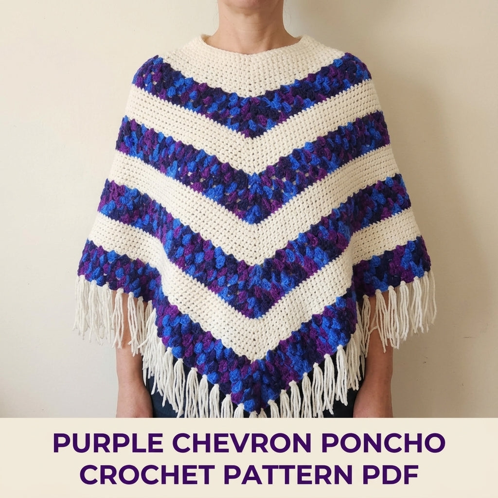Purple Chevron Poncho Crochet Pattern PDF – Purple and Cream Fringe Poncho