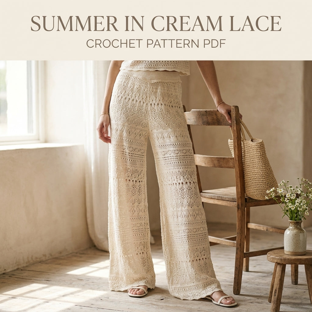 Cream Lace Wide Leg Pants Crochet Pattern PDF – Summer Lace Trousers